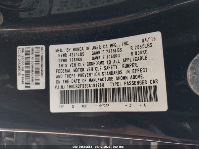 Photo 8 VIN: 1HGCR2F53GA191968 - HONDA ACCORD 