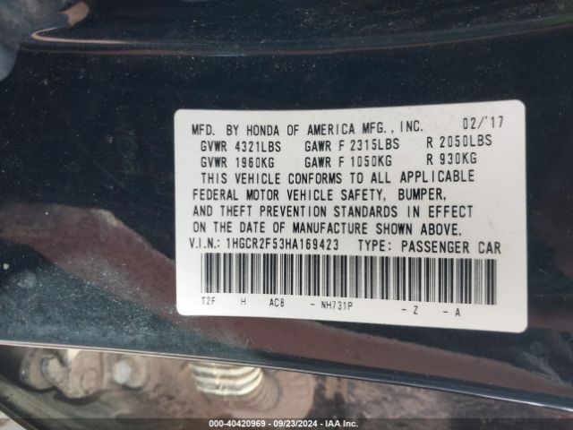 Photo 8 VIN: 1HGCR2F53HA169423 - HONDA ACCORD 