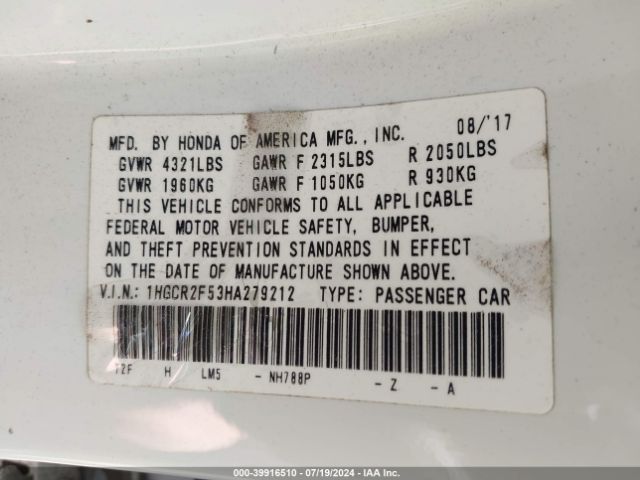 Photo 8 VIN: 1HGCR2F53HA279212 - HONDA ACCORD 