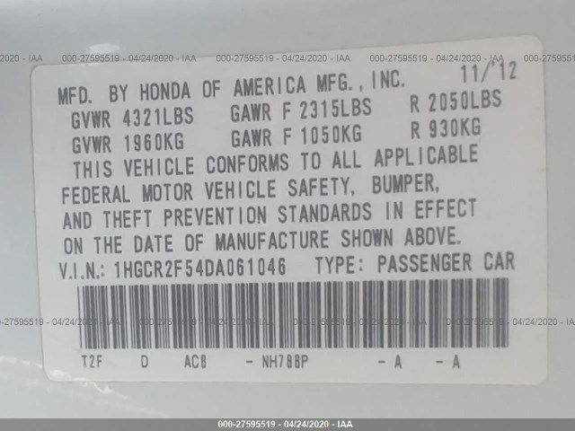 Photo 8 VIN: 1HGCR2F54DA061046 - HONDA ACCORD SDN 