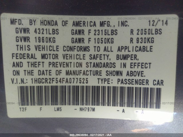 Photo 8 VIN: 1HGCR2F54FA077525 - HONDA ACCORD SEDAN 