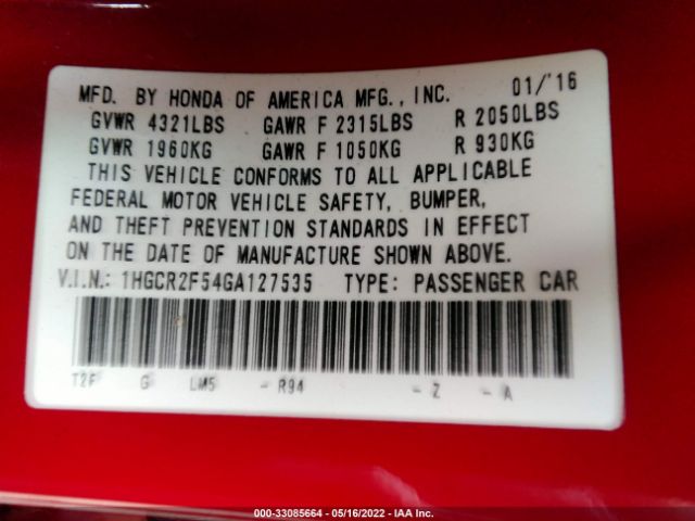 Photo 8 VIN: 1HGCR2F54GA127535 - HONDA ACCORD SEDAN 