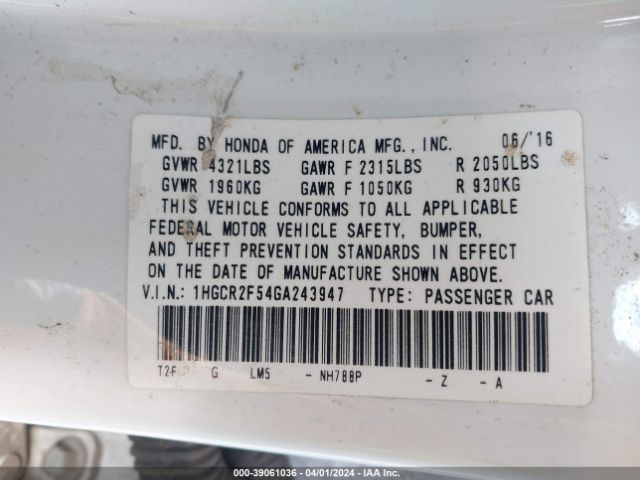 Photo 8 VIN: 1HGCR2F54GA243947 - HONDA ACCORD 