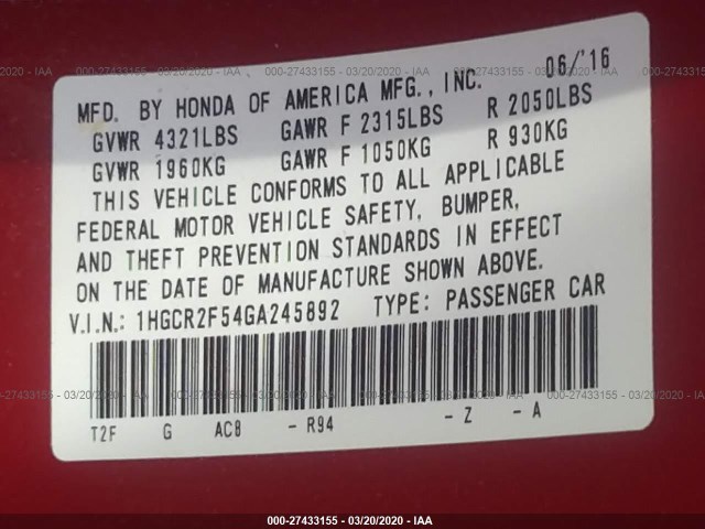 Photo 8 VIN: 1HGCR2F54GA245892 - HONDA ACCORD SEDAN 