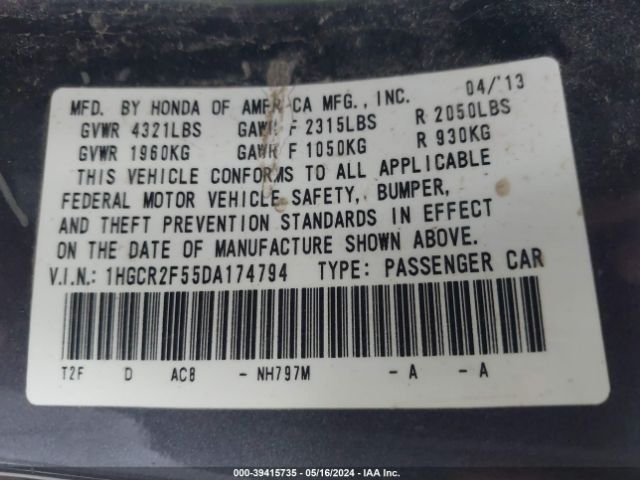 Photo 8 VIN: 1HGCR2F55DA174794 - HONDA ACCORD 