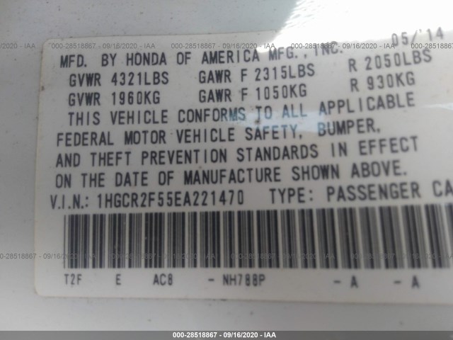 Photo 8 VIN: 1HGCR2F55EA221470 - HONDA ACCORD SEDAN 