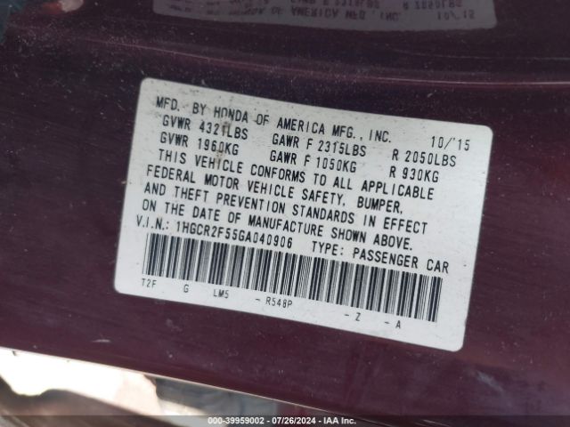 Photo 8 VIN: 1HGCR2F55GA040906 - HONDA ACCORD 