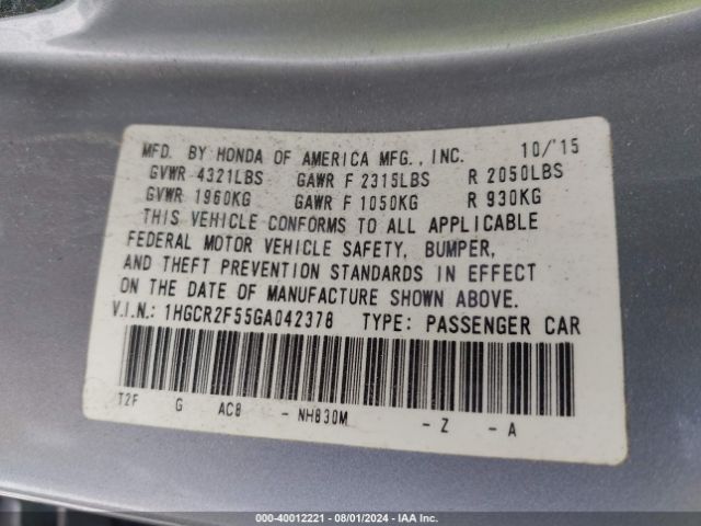 Photo 8 VIN: 1HGCR2F55GA042378 - HONDA ACCORD 