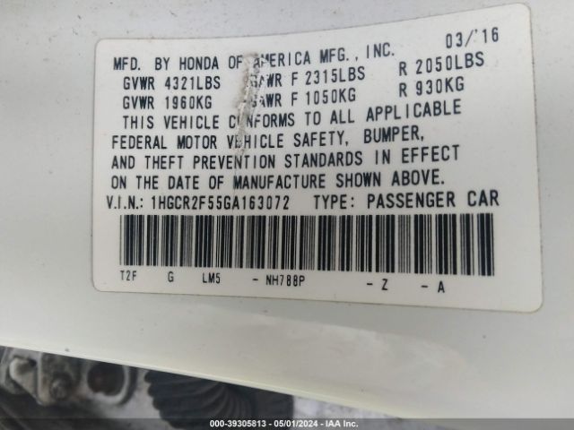 Photo 8 VIN: 1HGCR2F55GA163072 - HONDA ACCORD 