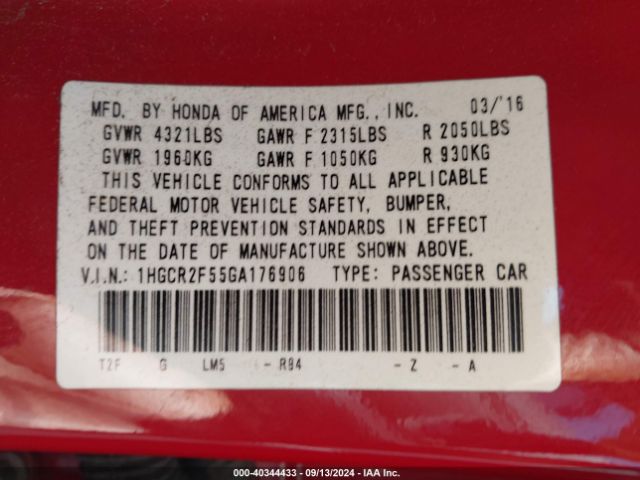 Photo 8 VIN: 1HGCR2F55GA176906 - HONDA ACCORD 