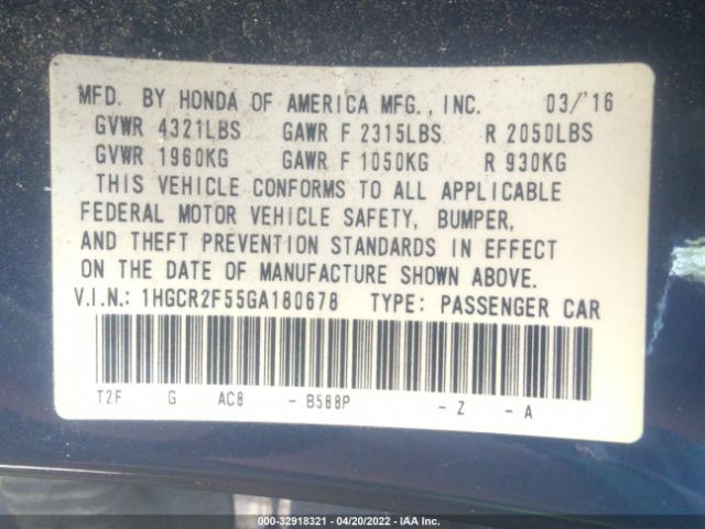 Photo 8 VIN: 1HGCR2F55GA180678 - HONDA ACCORD SEDAN 