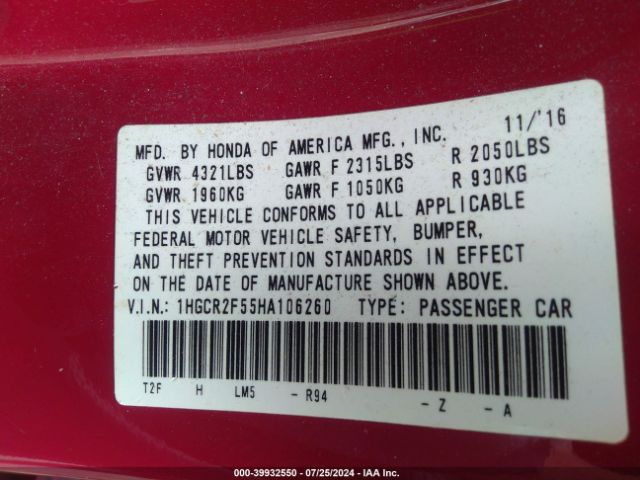 Photo 8 VIN: 1HGCR2F55HA106260 - HONDA ACCORD 