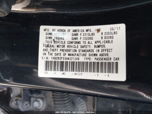 Photo 8 VIN: 1HGCR2F55HA221246 - HONDA ACCORD 