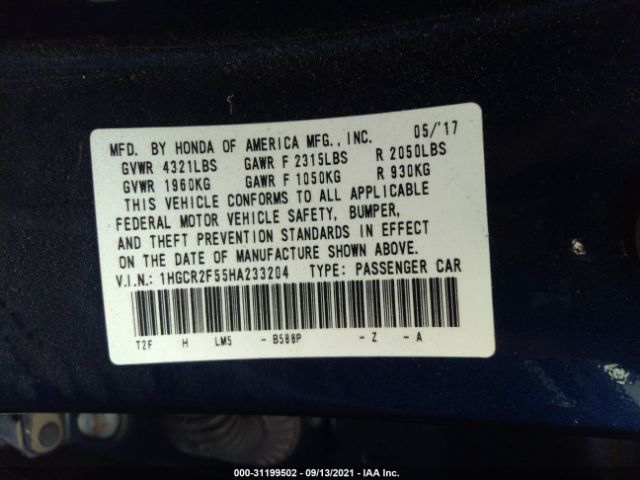 Photo 8 VIN: 1HGCR2F55HA233204 - HONDA ACCORD SEDAN 