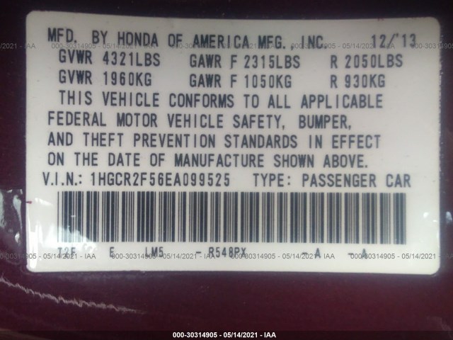 Photo 8 VIN: 1HGCR2F56EA099525 - HONDA ACCORD SEDAN 