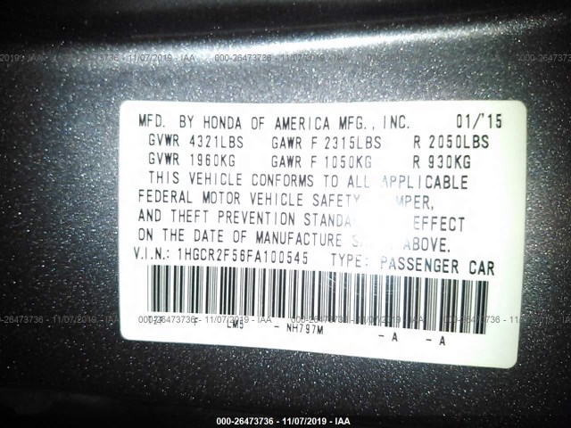 Photo 8 VIN: 1HGCR2F56FA100545 - HONDA ACCORD SEDAN 