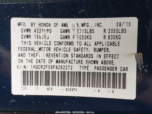 Photo 8 VIN: 1HGCR2F56FA262272 - HONDA ACCORD 