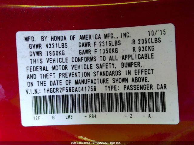 Photo 8 VIN: 1HGCR2F56GA041756 - HONDA ACCORD SEDAN 