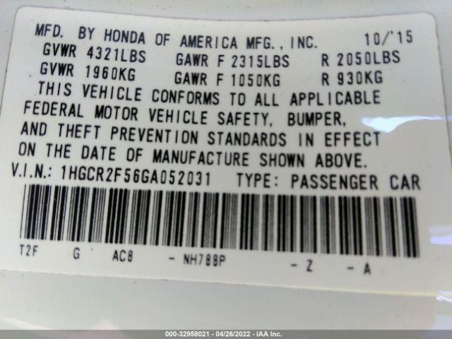 Photo 8 VIN: 1HGCR2F56GA052031 - HONDA ACCORD SEDAN 