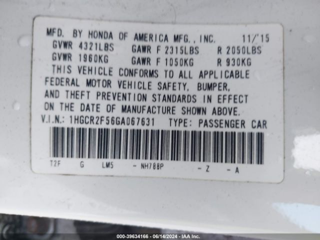 Photo 8 VIN: 1HGCR2F56GA067631 - HONDA ACCORD 