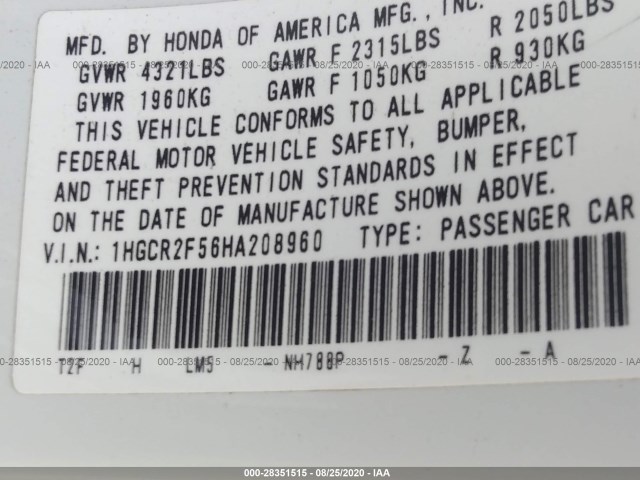 Photo 8 VIN: 1HGCR2F56HA208960 - HONDA ACCORD SEDAN 