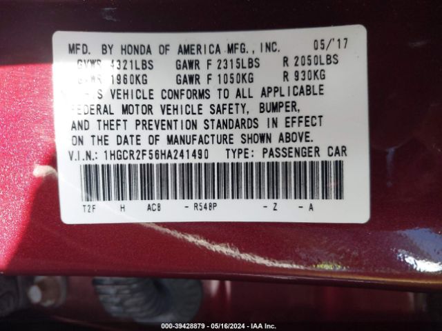 Photo 8 VIN: 1HGCR2F56HA241490 - HONDA ACCORD 