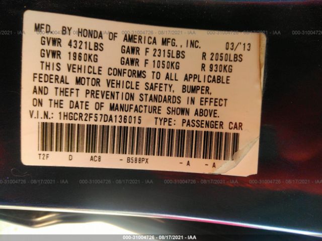 Photo 8 VIN: 1HGCR2F57DA136015 - HONDA ACCORD SDN 