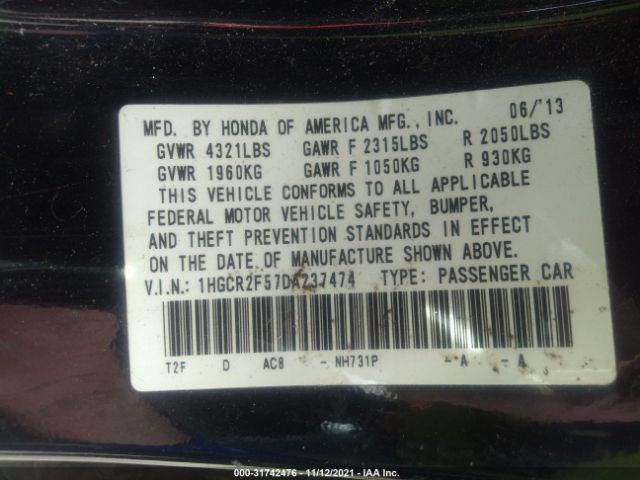 Photo 8 VIN: 1HGCR2F57DA237474 - HONDA ACCORD SDN 