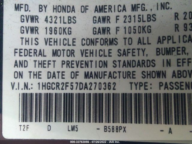 Photo 8 VIN: 1HGCR2F57DA270362 - HONDA ACCORD SDN 