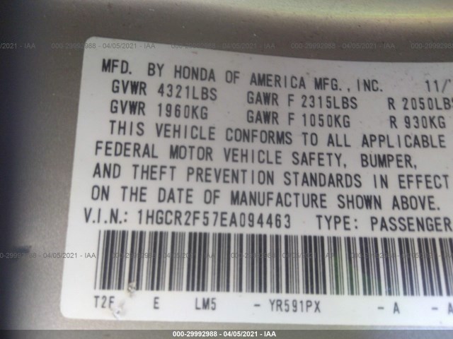 Photo 8 VIN: 1HGCR2F57EA094463 - HONDA ACCORD SDN 