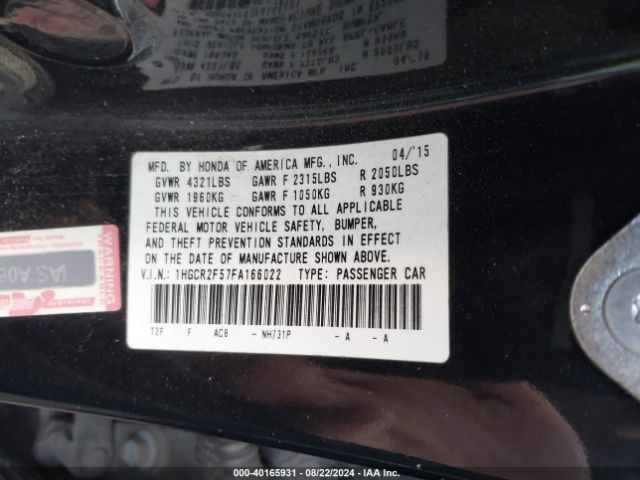 Photo 8 VIN: 1HGCR2F57FA166022 - HONDA ACCORD 