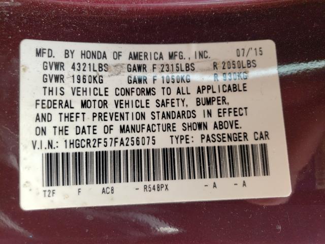 Photo 9 VIN: 1HGCR2F57FA256075 - HONDA ACCORD 