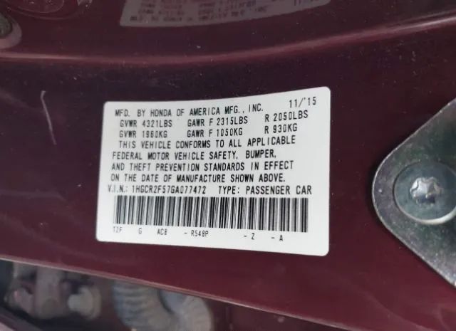 Photo 8 VIN: 1HGCR2F57GA077472 - HONDA ACCORD 