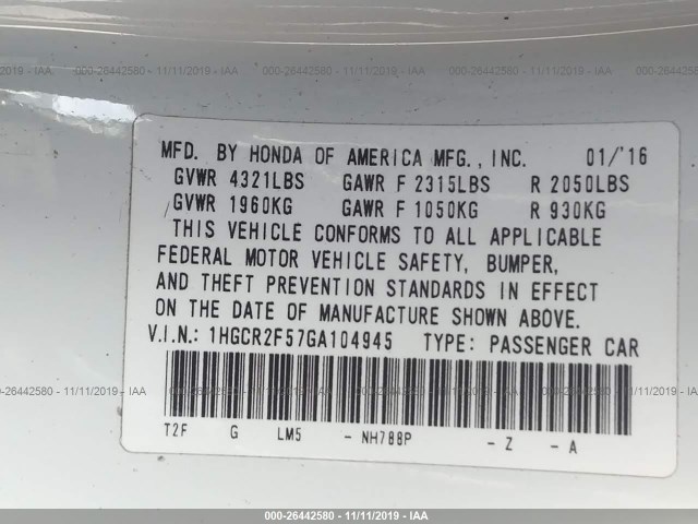 Photo 8 VIN: 1HGCR2F57GA104945 - HONDA ACCORD SEDAN 