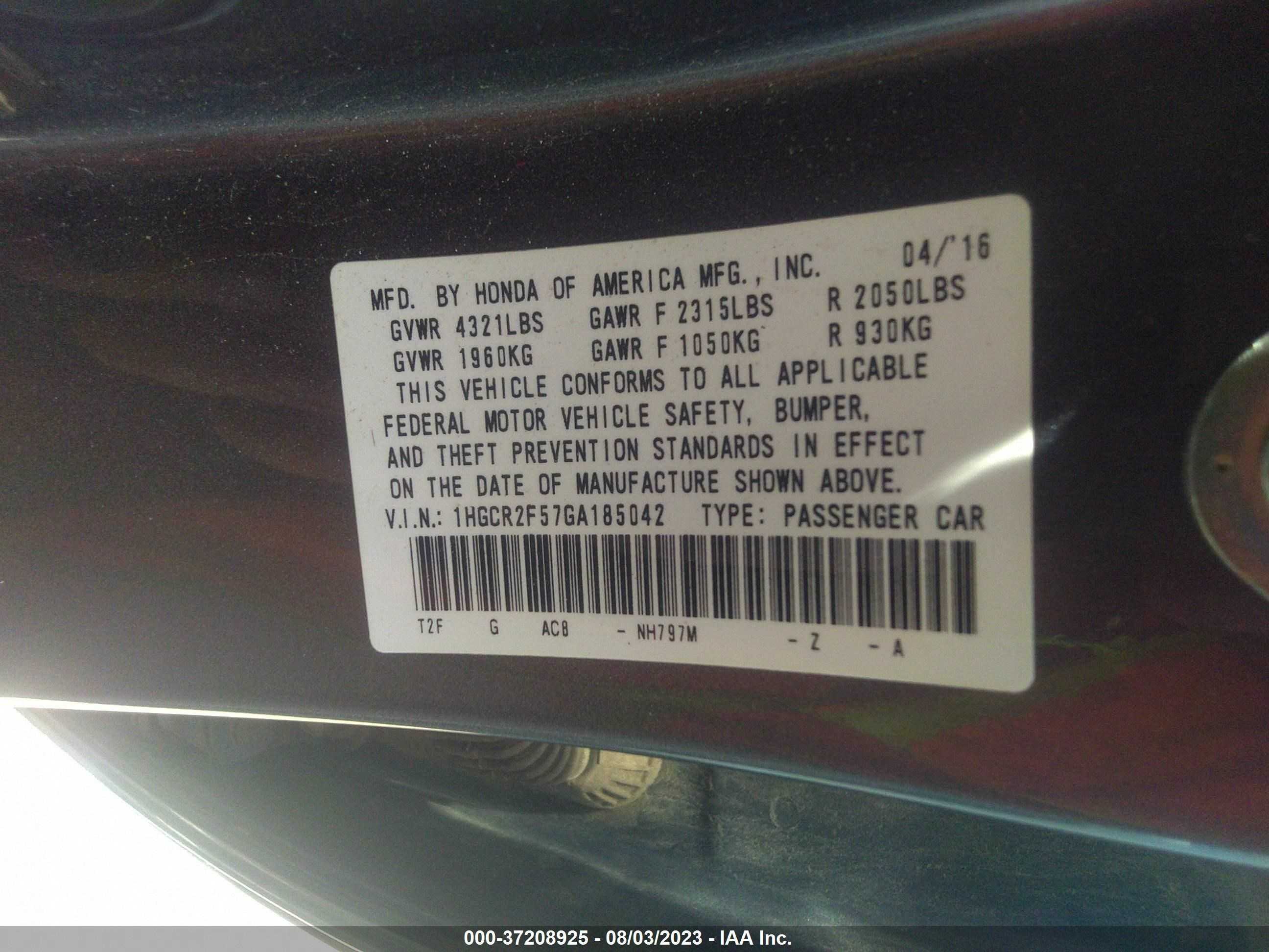 Photo 8 VIN: 1HGCR2F57GA185042 - HONDA ACCORD 