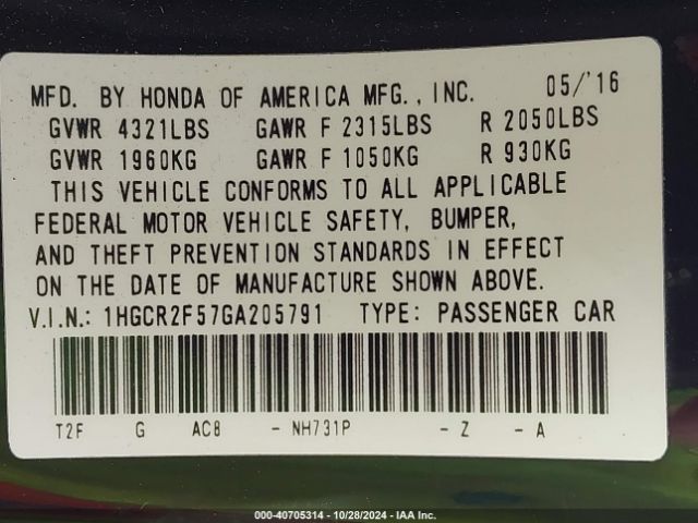 Photo 8 VIN: 1HGCR2F57GA205791 - HONDA ACCORD 