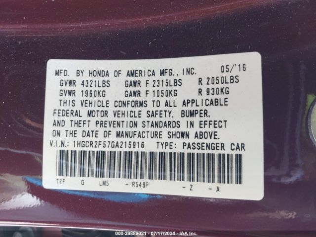 Photo 8 VIN: 1HGCR2F57GA215916 - HONDA ACCORD 