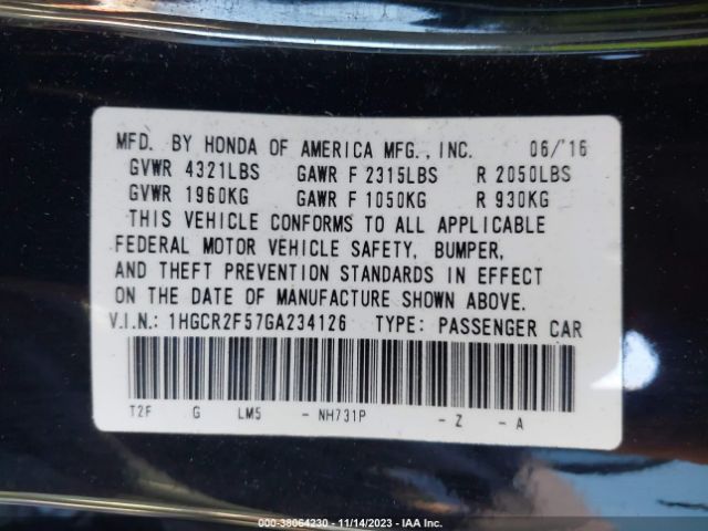 Photo 8 VIN: 1HGCR2F57GA234126 - HONDA ACCORD 