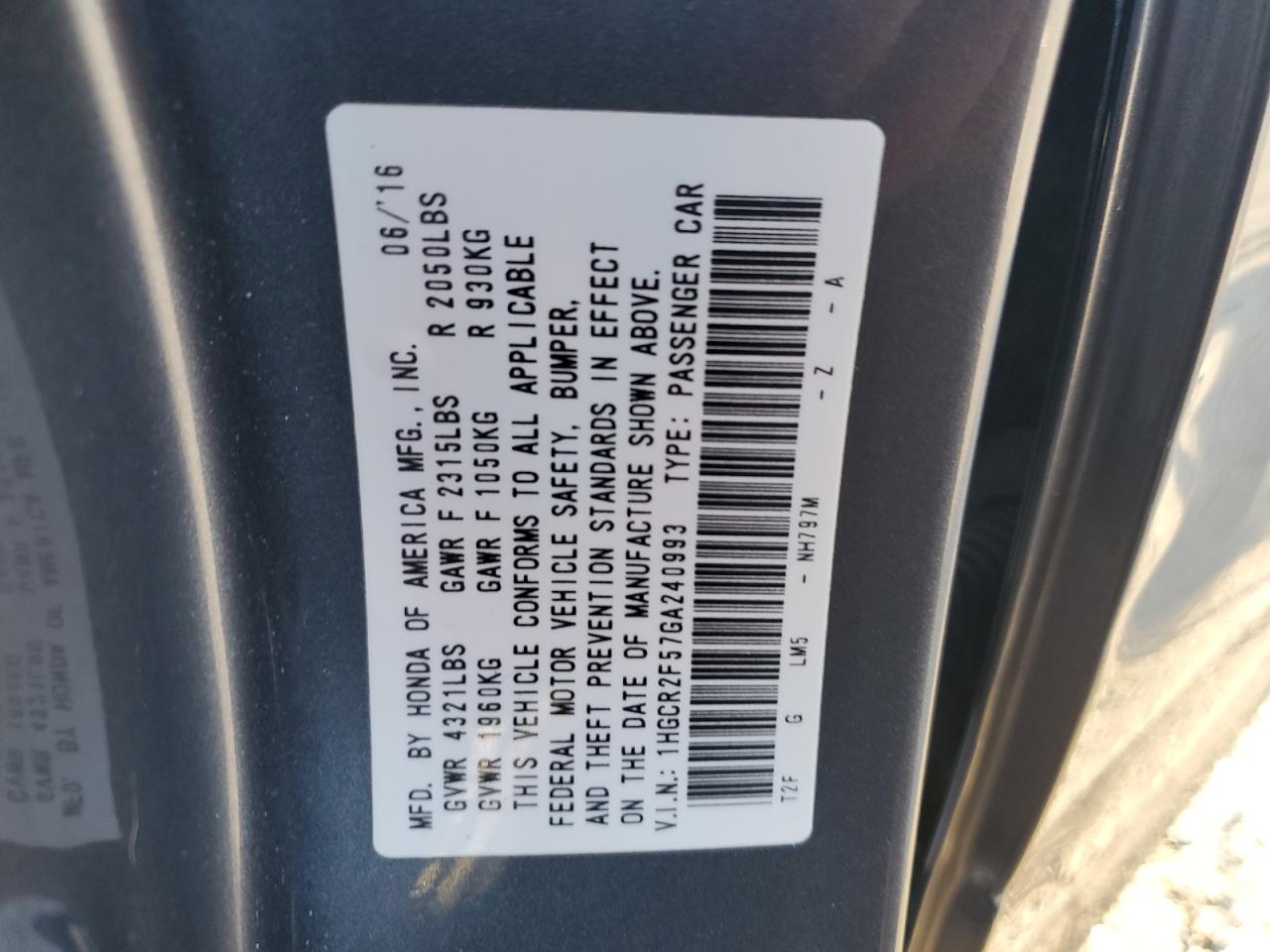 Photo 11 VIN: 1HGCR2F57GA240993 - HONDA ACCORD 