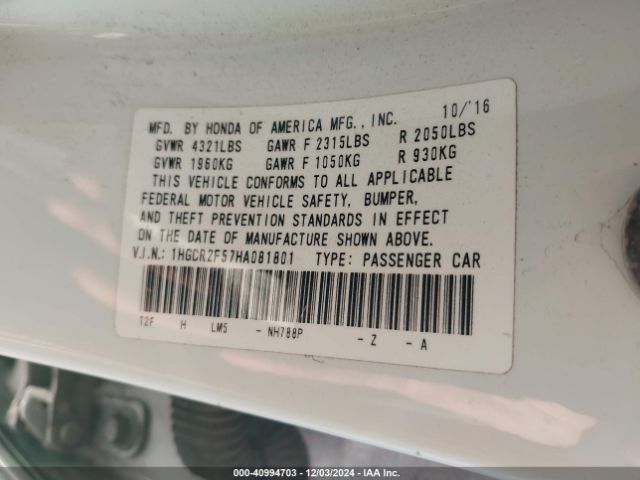 Photo 8 VIN: 1HGCR2F57HA081801 - HONDA ACCORD 