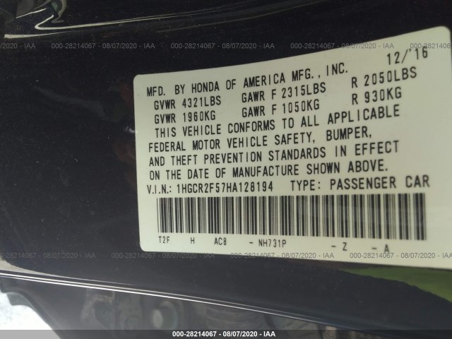 Photo 8 VIN: 1HGCR2F57HA128194 - HONDA ACCORD SEDAN 