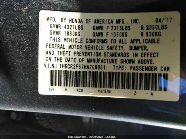 Photo 8 VIN: 1HGCR2F57HA209051 - HONDA ACCORD SEDAN 