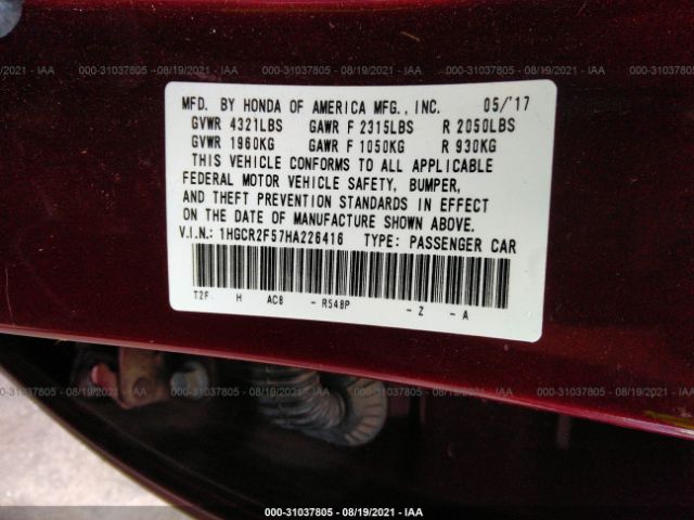 Photo 8 VIN: 1HGCR2F57HA226416 - HONDA ACCORD SEDAN 