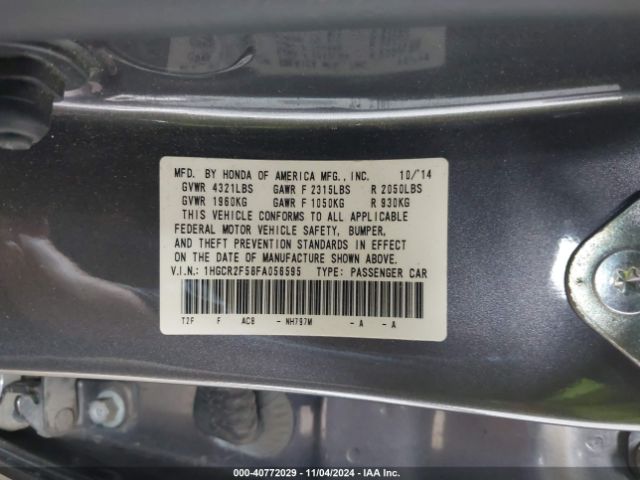 Photo 8 VIN: 1HGCR2F58FA056595 - HONDA ACCORD 