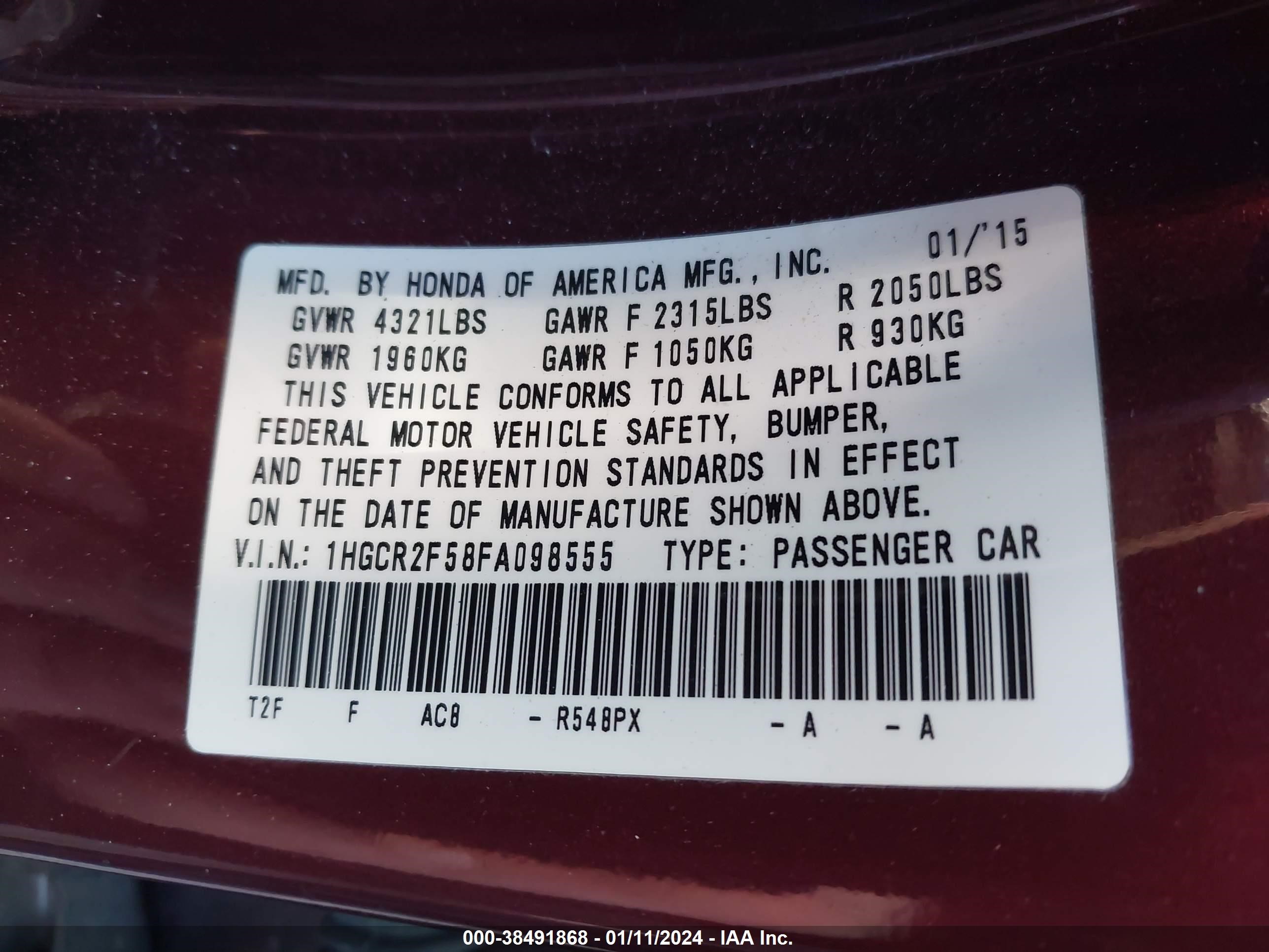 Photo 8 VIN: 1HGCR2F58FA098555 - HONDA ACCORD 