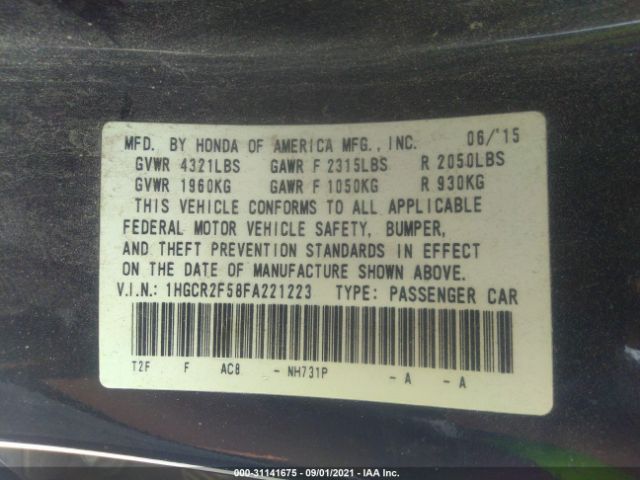 Photo 8 VIN: 1HGCR2F58FA221223 - HONDA ACCORD SEDAN 