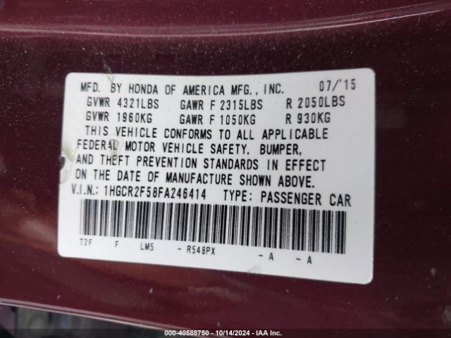 Photo 8 VIN: 1HGCR2F58FA246414 - HONDA ACCORD 