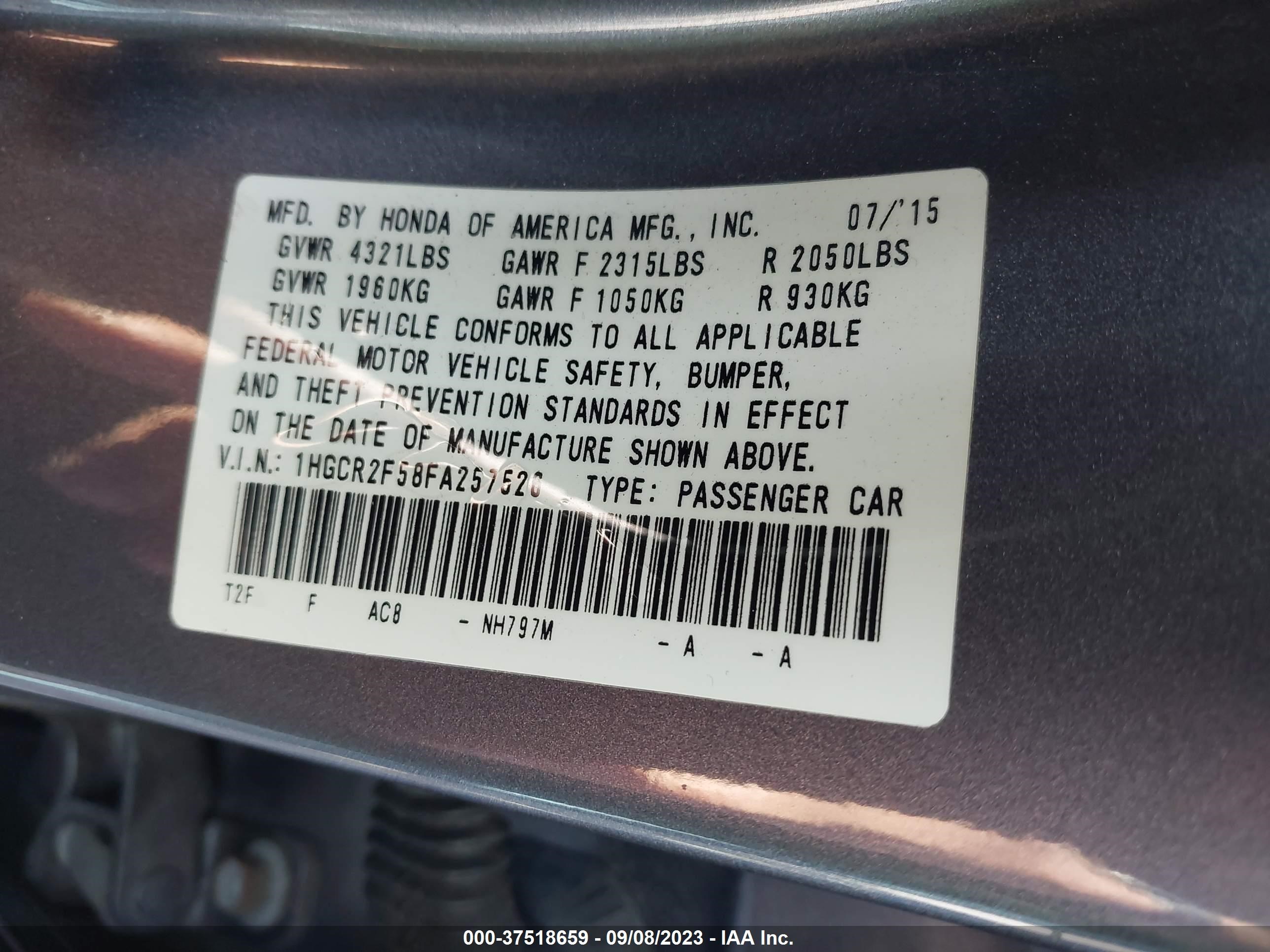 Photo 8 VIN: 1HGCR2F58FA257526 - HONDA ACCORD 