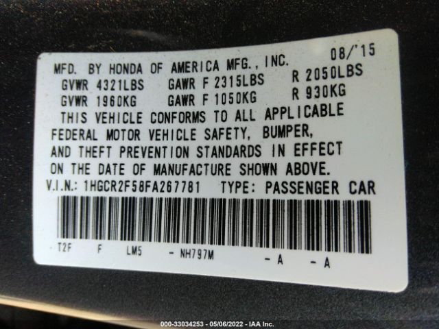 Photo 8 VIN: 1HGCR2F58FA267781 - HONDA ACCORD SEDAN 