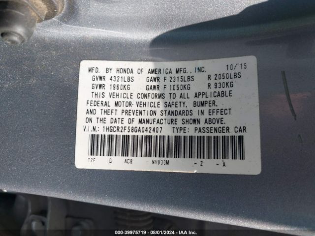 Photo 8 VIN: 1HGCR2F58GA042407 - HONDA ACCORD 